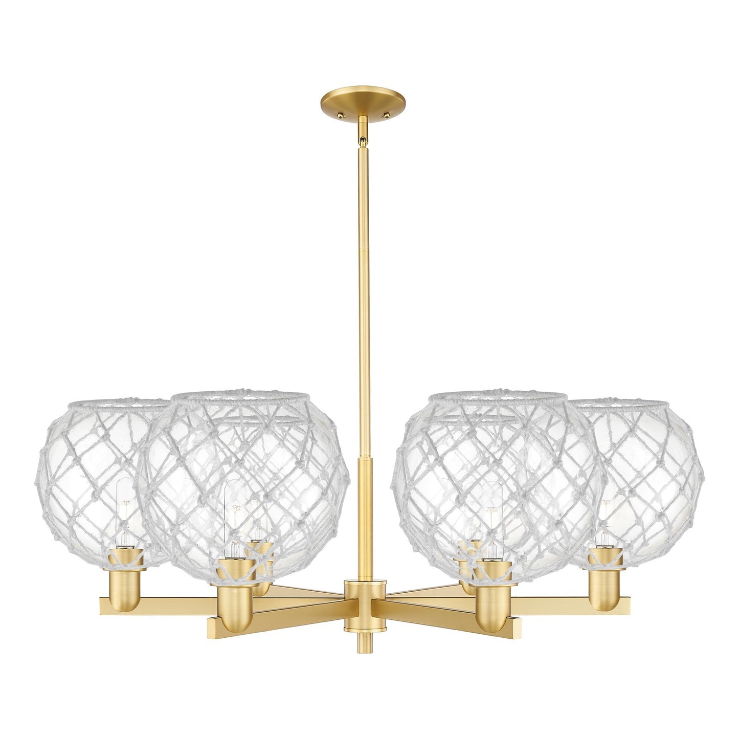 Innovations Farmhouse Rope 40in 6-Light Chandelier | Industrial Satin Gold Steel and Clear Glass with White Rope | Dining | Model 716-6CR-SG-G122-10RW