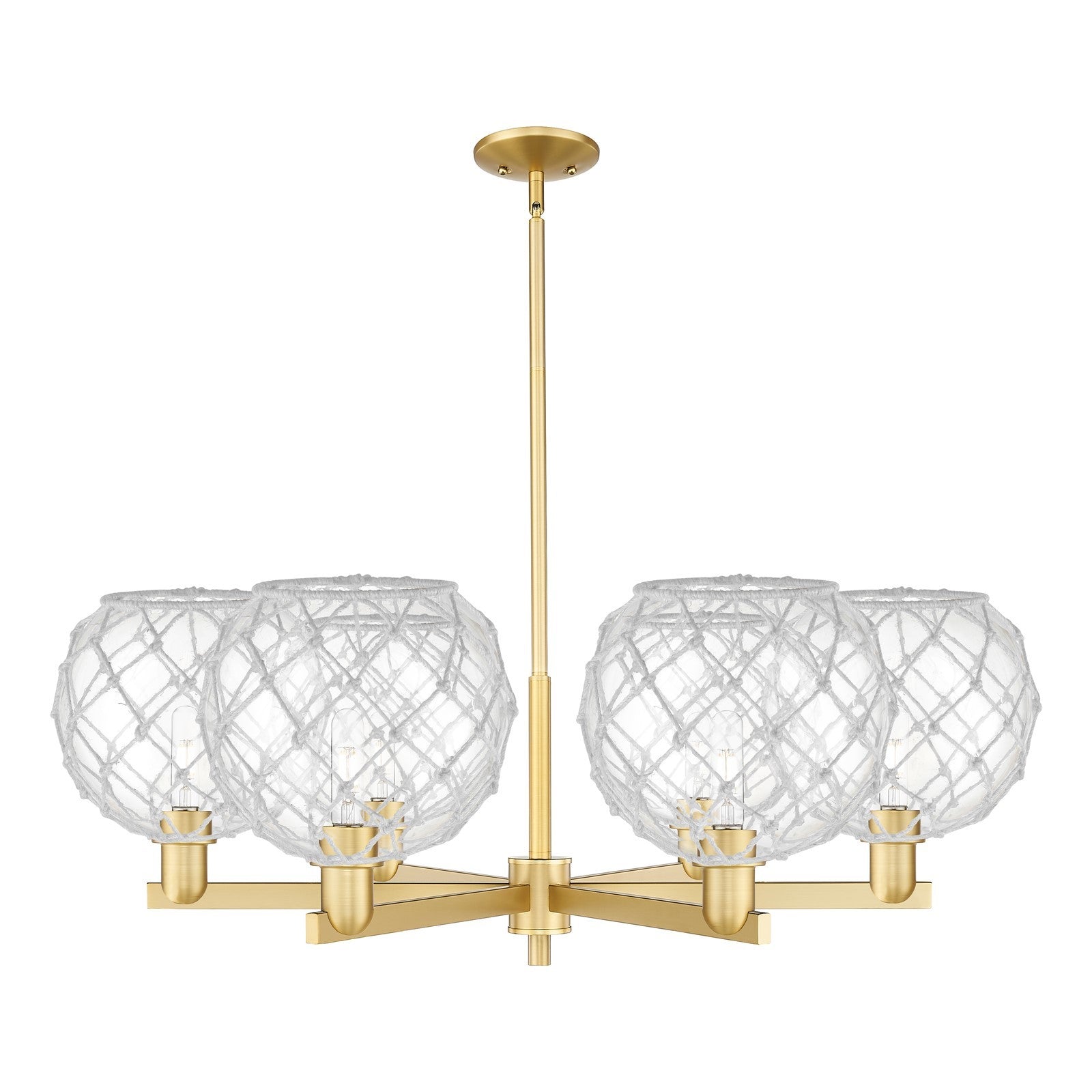 Innovations Farmhouse Rope 40in 6-Light Chandelier | Industrial Satin Gold Steel and Clear Glass with White Rope | Dining | Model 716-6CR-SG-G122-10RW