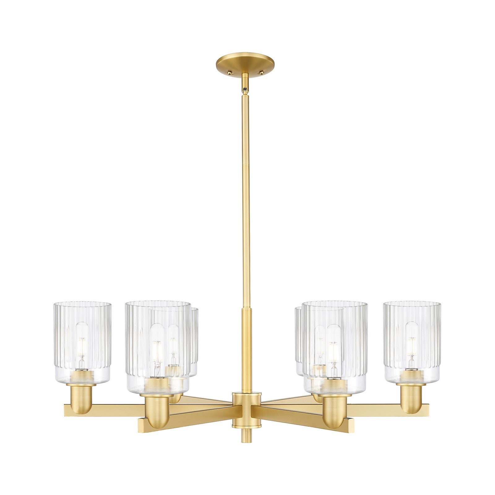 Innovations Hadley 34in 6-Light Chandelier | Industrial Satin Gold and Clear Ribbed Glass | Dining Room & Living Room | Model 716-6CR-SG-G342