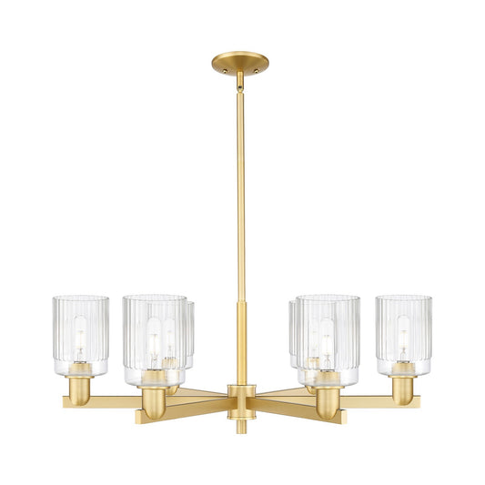 Innovations Hadley 34in 6-Light Chandelier | Industrial Satin Gold and Clear Ribbed Glass | Dining Room & Living Room | Model 716-6CR-SG-G342