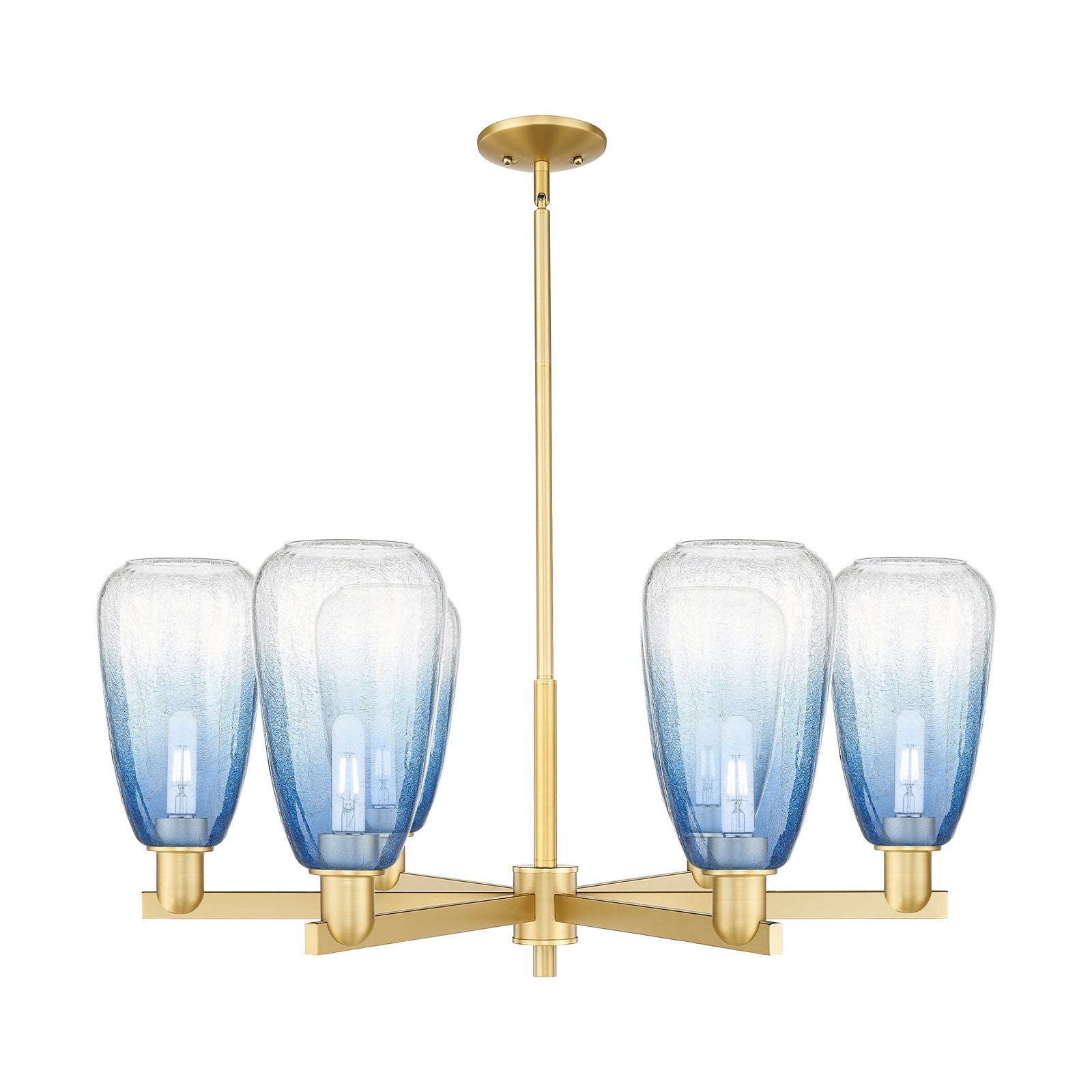 Innovations Brookhaven Almond 36in 6-Light Chandelier | Industrial Satin Gold Steel and Sapphire Blue Glass | Dining Room & | Model 716-6CR-SG-G480-6SB