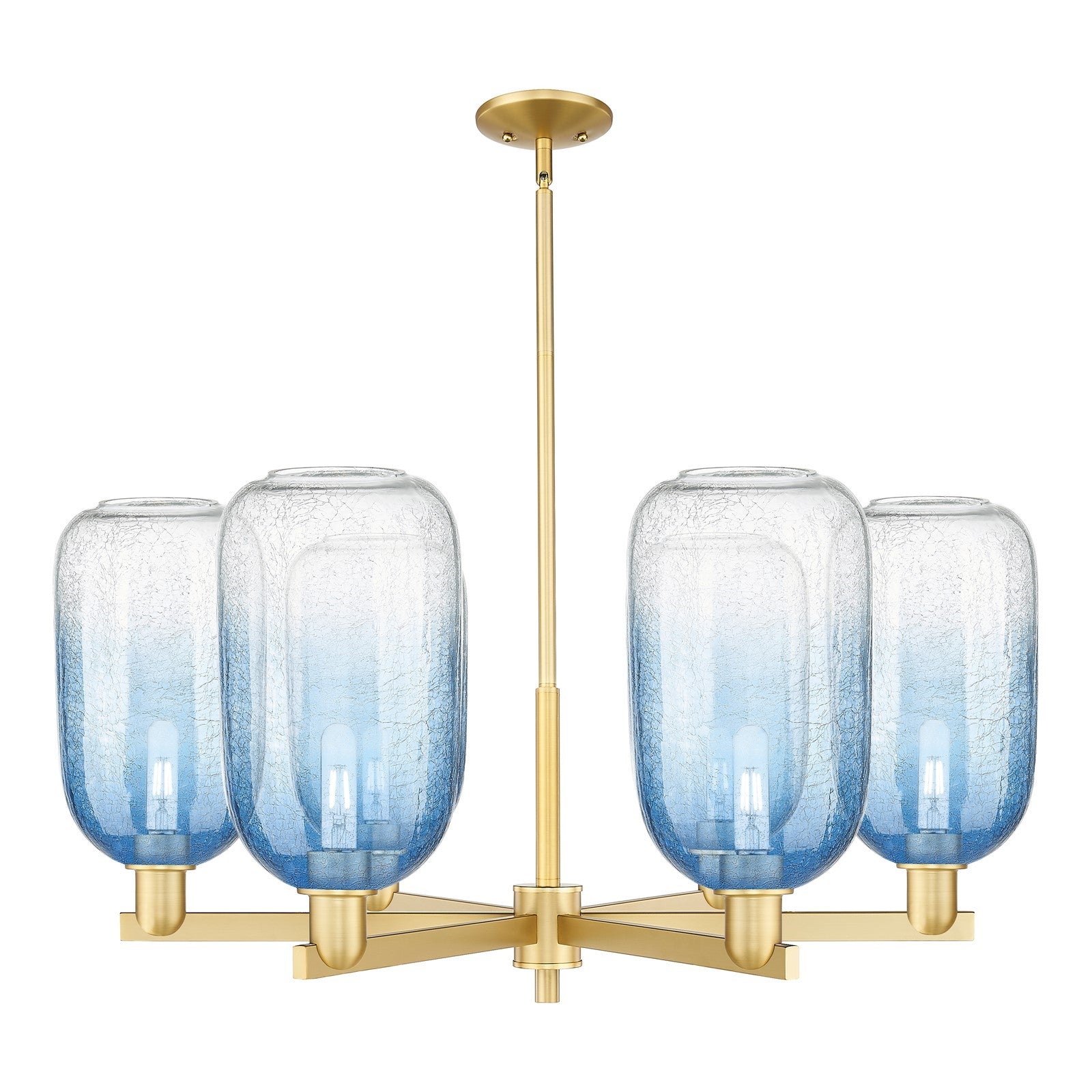 Innovations Brookhaven Cloche 36.75in 6-Light Chandelier | Industrial Satin Gold Steel and Sapphire Blue Glass | Dining Room & | Model 716-6CR-SG-G482-7SB