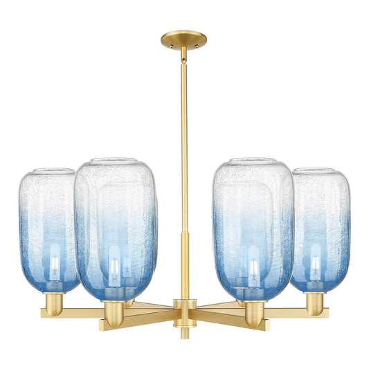 Innovations Brookhaven Cloche 36.75in 6-Light Chandelier | Industrial Satin Gold Steel and Sapphire Blue Glass | Dining Room & | Model 716-6CR-SG-G482-7SB