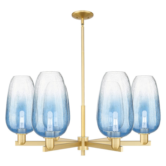 Innovations Brookhaven Flute 37in 6-Light Chandelier | Industrial Satin Gold Steel and Sapphire Blue Glass | Dining Room & | Model 716-6CR-SG-G484-7SB