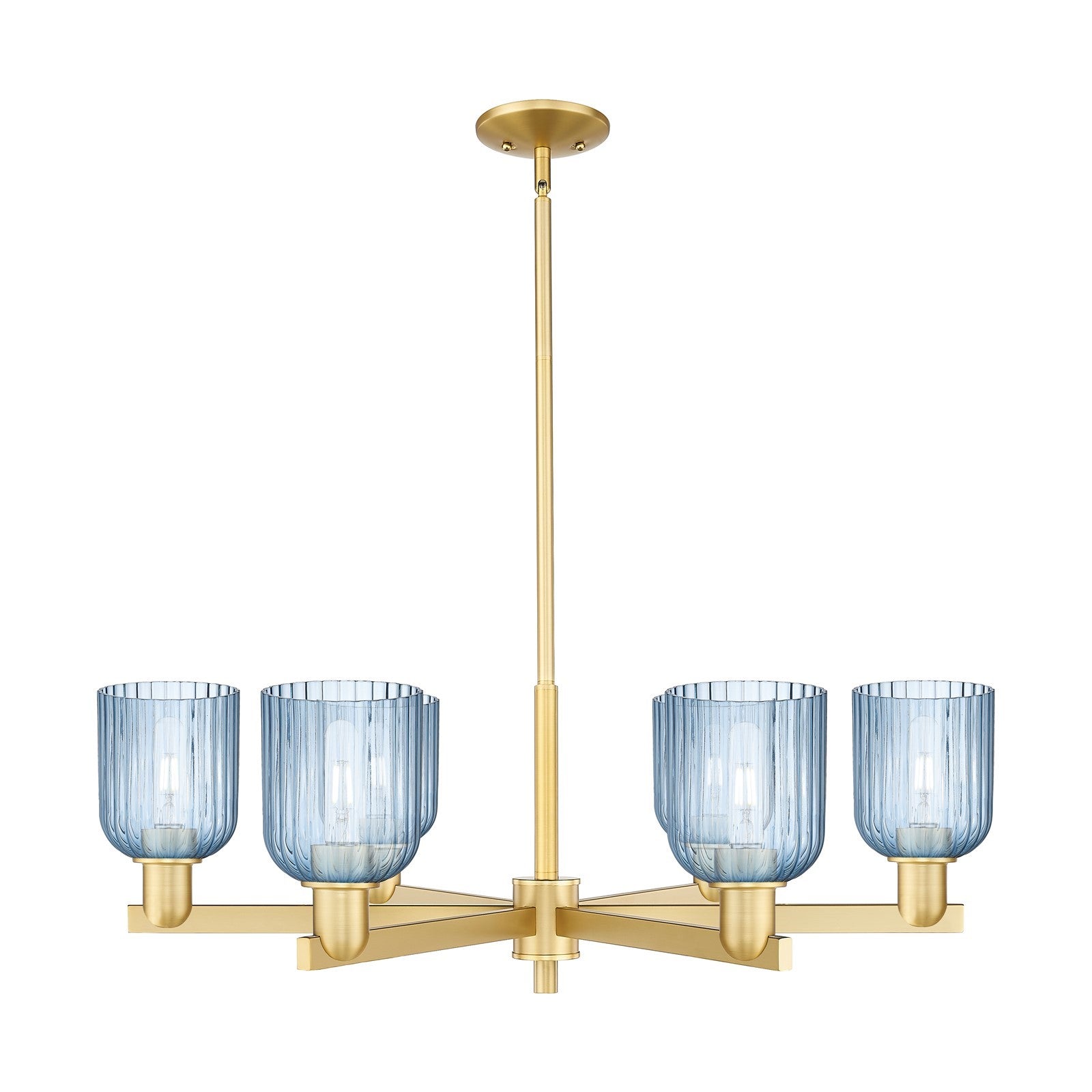Innovations Bridal Veil 35in 6-Light Chandelier | Industrial Satin Gold Steel and Princess Blue Ribbed Glass | Dining Room & | Model 716-6CR-SG-G559-5BL