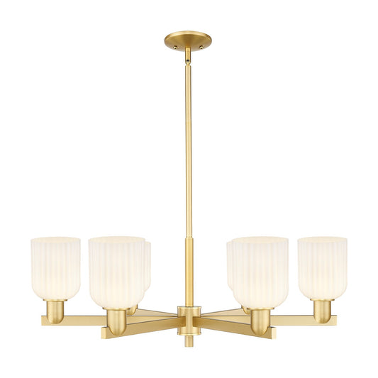 Innovations Bridal Veil 34.75in 6-Light Chandelier | Industrial Satin Gold Steel and Gloss White Ribbed Glass | Dining Room & | Model 716-6CR-SG-G559-5GWH