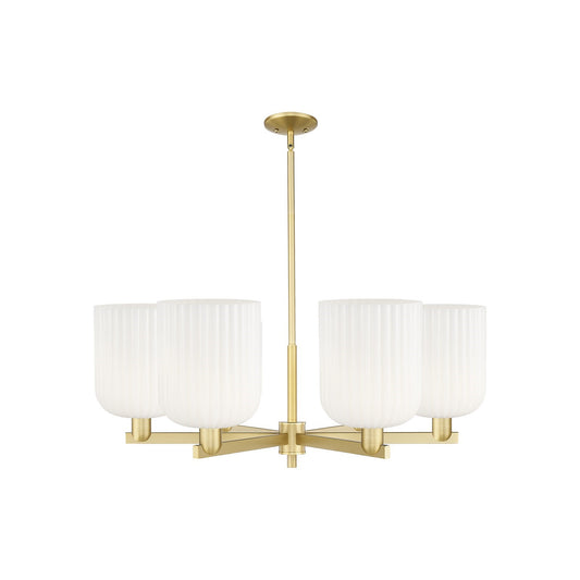 Innovations Bridal Veil 38in 6-Light Chandelier | Industrial Satin Gold Steel and Gloss White Ribbed Glass | Damp-Rated | Model 716-6CR-SG-G559-8GWH