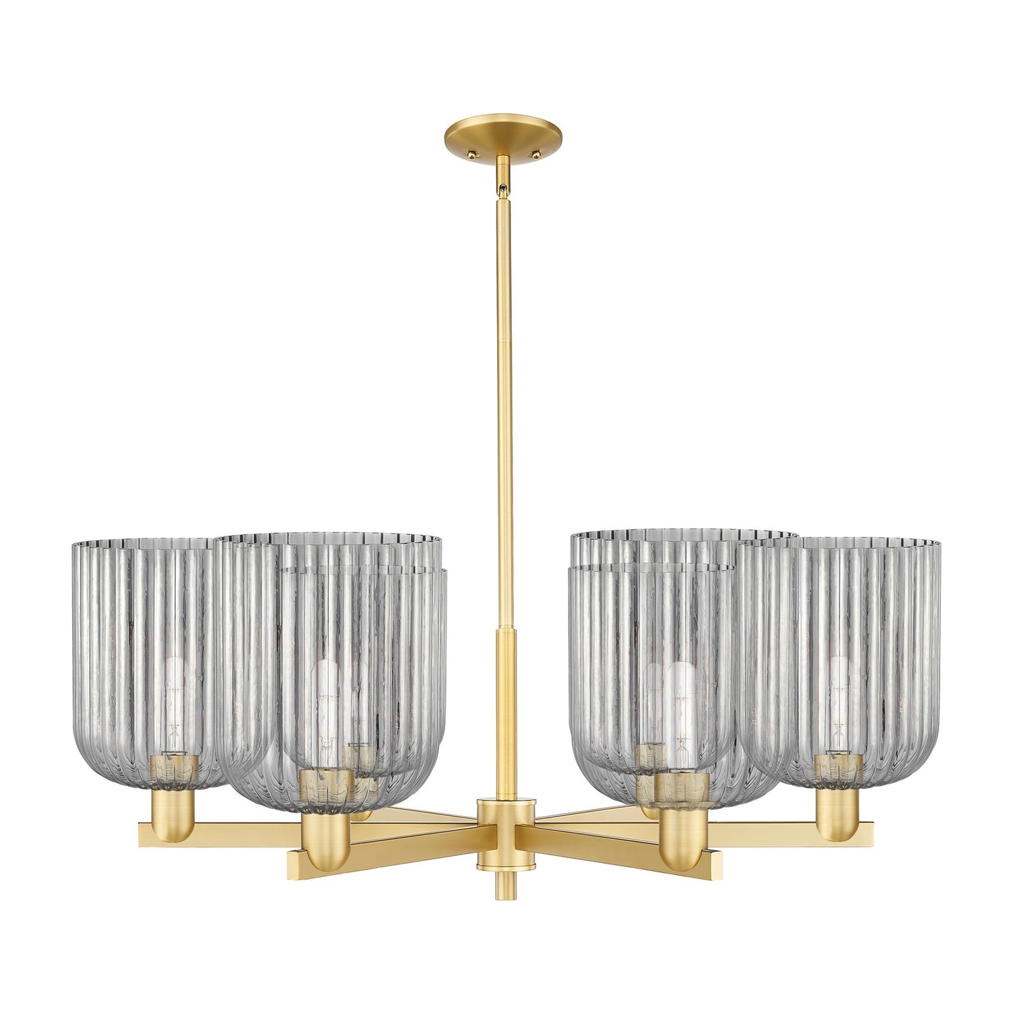 Innovations Bridal Veil 38in 6-Light Chandelier | Industrial Satin Gold Steel and Cast Brass with Light Smoke Ribbed Glass | Model 716-6CR-SG-G559-8SM
