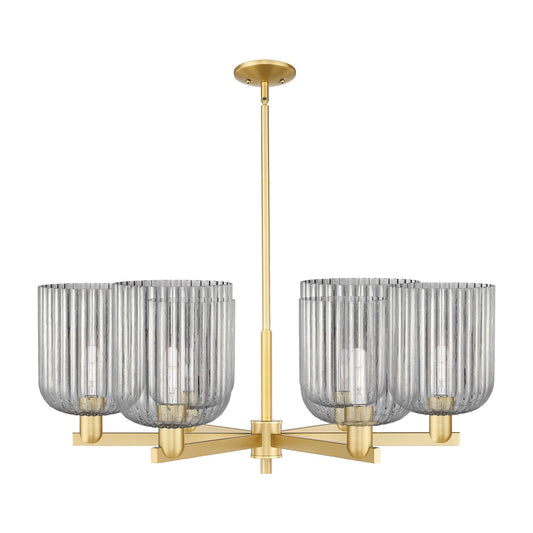 Innovations Bridal Veil 38in 6-Light Chandelier | Industrial Satin Gold Steel and Cast Brass with Light Smoke Ribbed Glass | Model 716-6CR-SG-G559-8SM