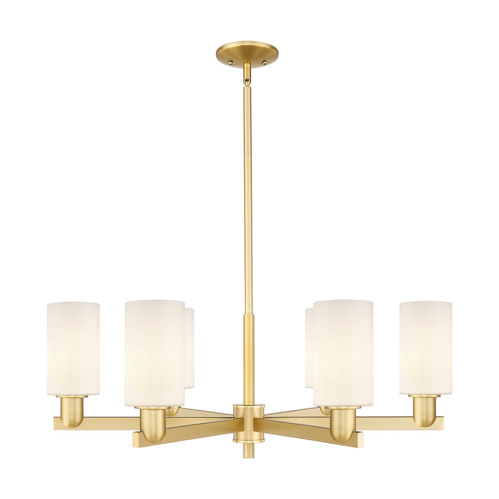 Innovations Clymer 34in 6-Light Chandelier | Industrial Satin Gold Steel and Matte White Glass | Dining Room & Living Room | Model 716-6CR-SG-G801