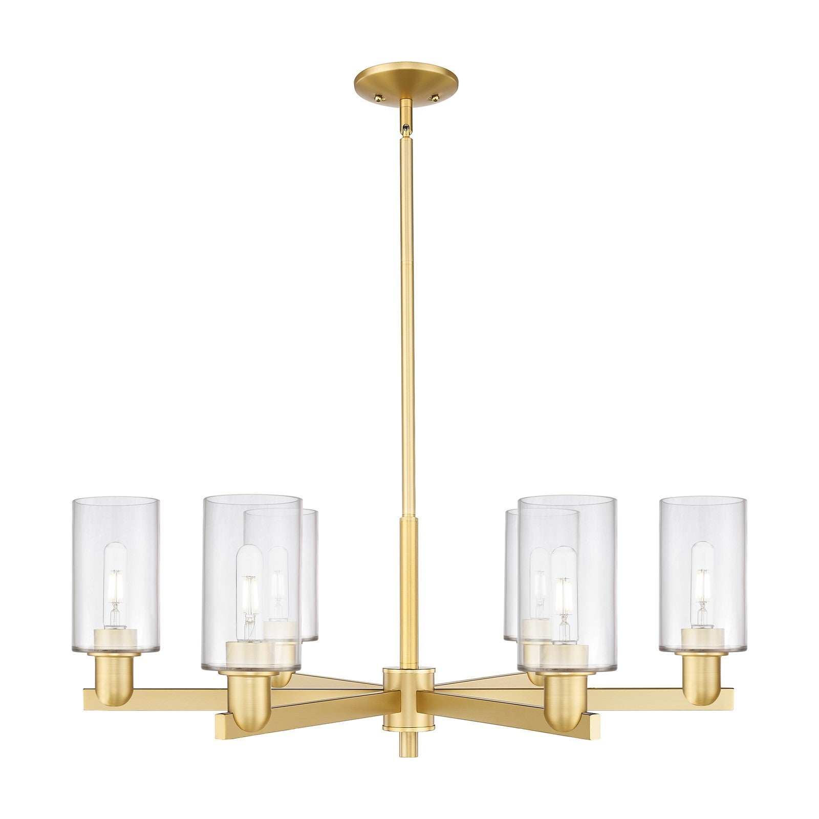 Innovations Clymer 34in 6-Light Chandelier | Industrial Satin Gold Steel and Clear Glass | Dining Room & Living Room | Model 716-6CR-SG-G802