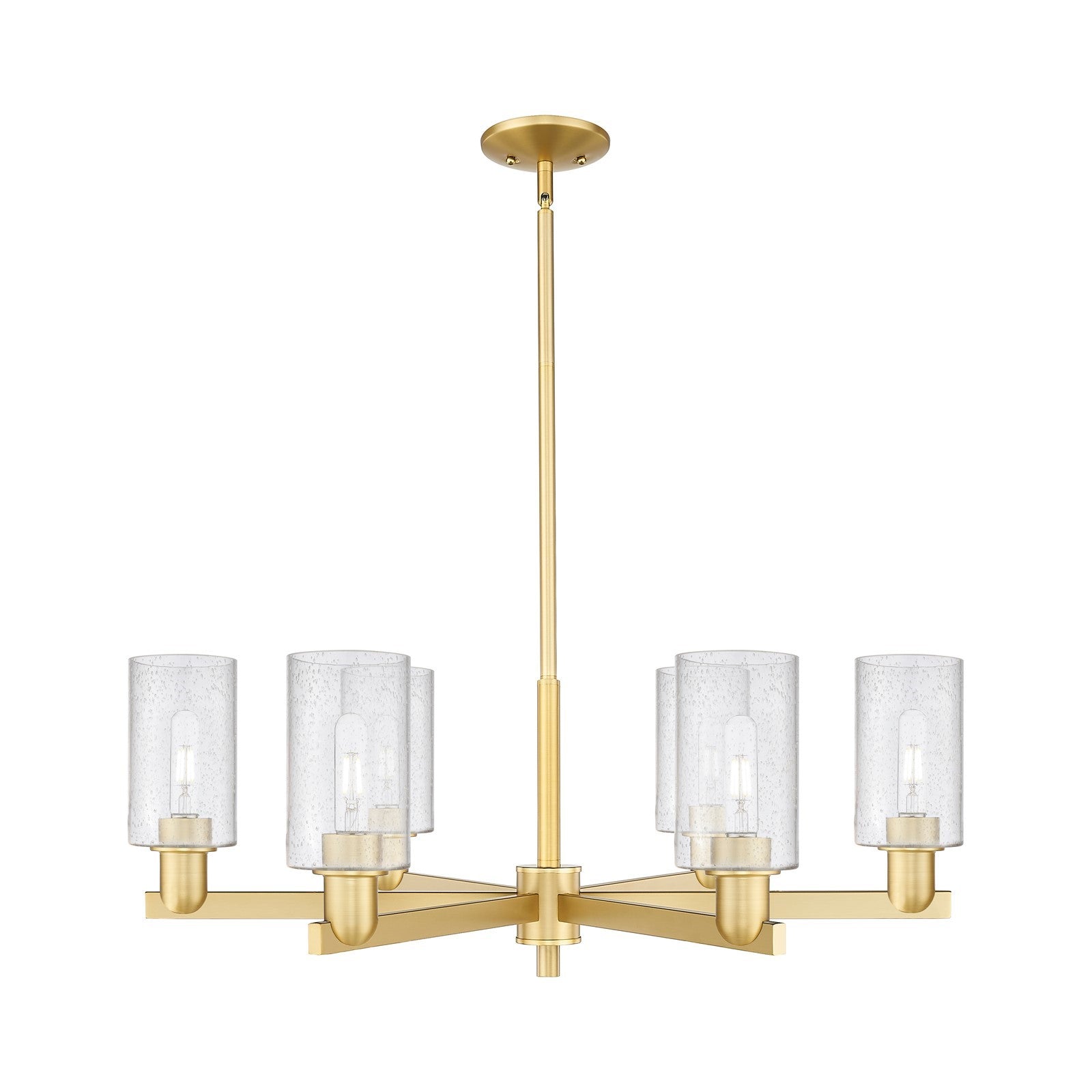 Innovations Clymer 34in 6-Light Chandelier | Industrial Satin Gold Steel and Seedy Glass | Dining Room & Living Room | Model 716-6CR-SG-G804