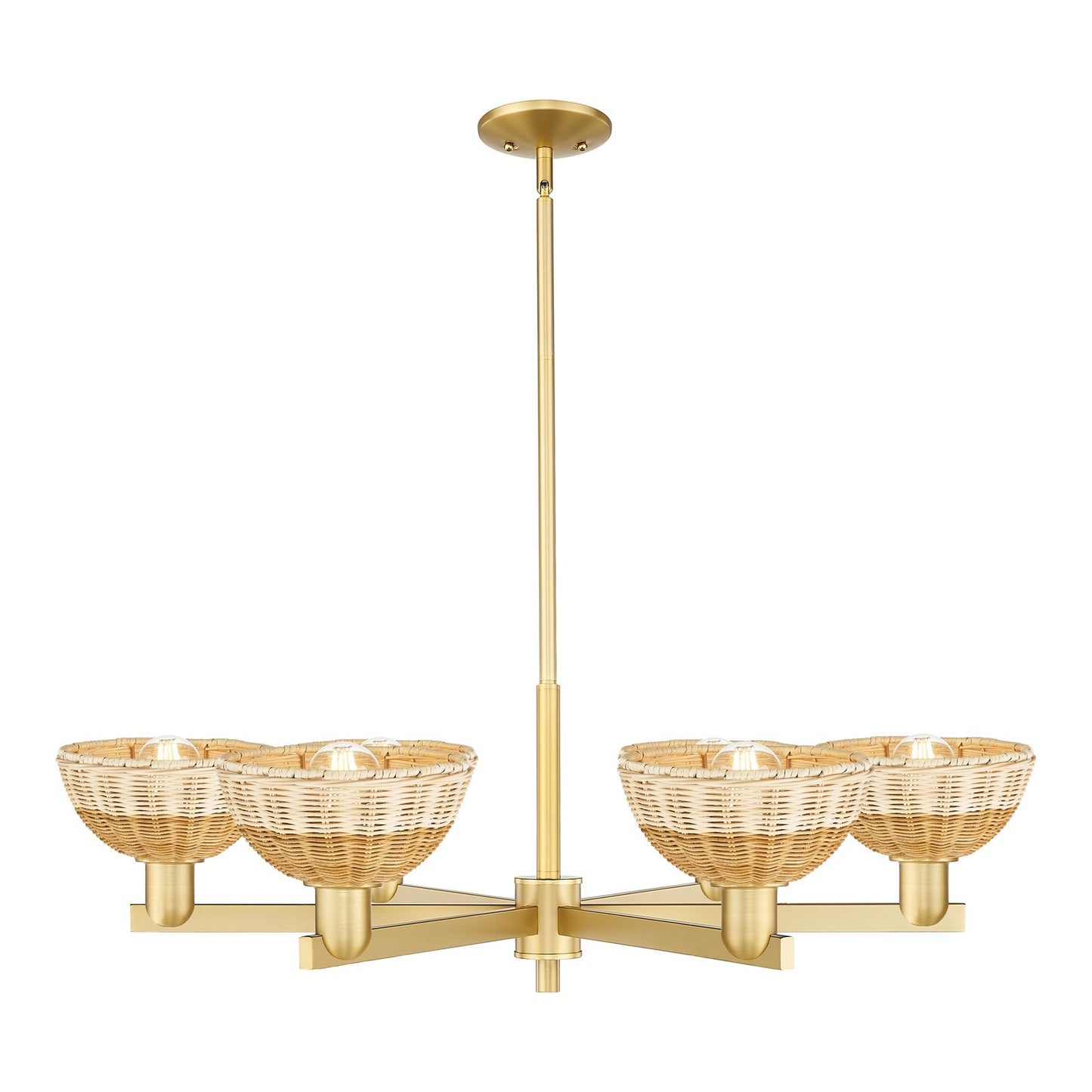 Innovations Natural Ballston Dome 37in 6-Light Chandelier | Farmhouse Satin Gold Steel and Natural Fiber Basketweave | Model 716-6CR-SG-NBD2-75-NAT