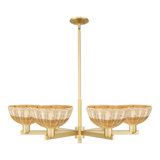Innovations Lighting Bristol Natural II 39in 6-Light Chandelier | Industrial Satin Gold Steel and Natural Fiber Dome Shade | Model 716-6CR-SG-NBD2-9-NAT
