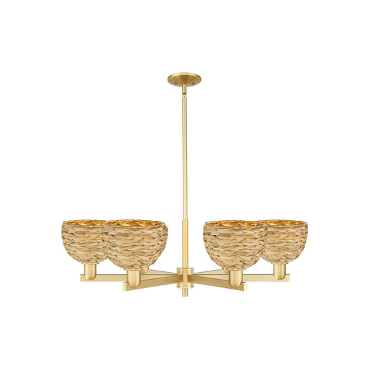 Innovations Woven Rattan 38in 6-Light Chandelier | Industrial Satin Gold Steel and Natural Fiber Dome Shade | Dining Room & | Model 716-6CR-SG-RBD-8-NAT