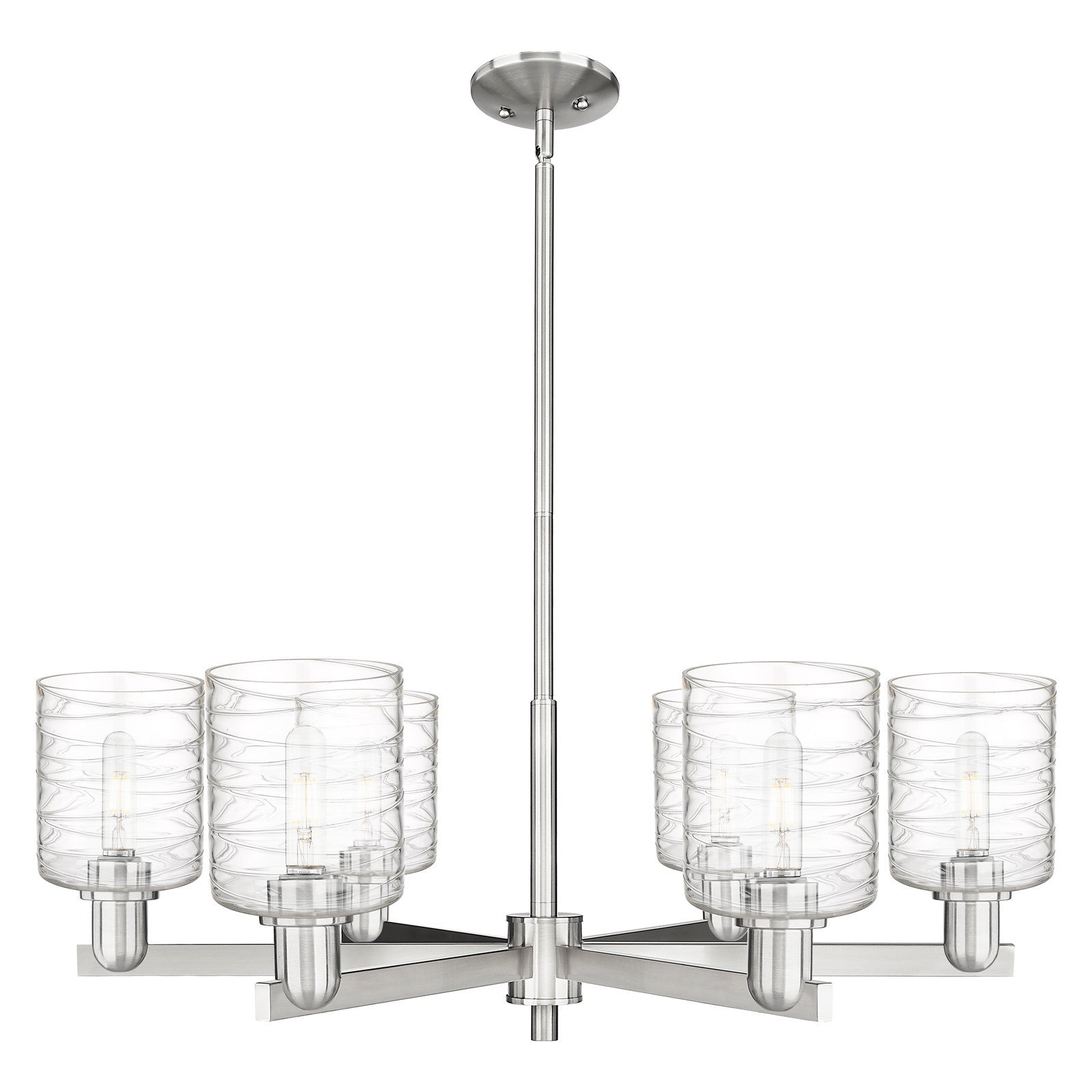 Innovations Cobbleskill 35in 6-Light Chandelier | Industrial Satin Nickel Steel and Deco Swirl Glass | Dining Room & Living Room | Model 716-6CR-SN-G1113