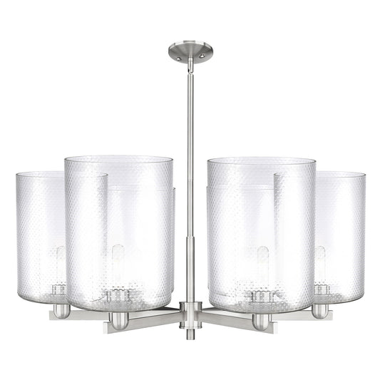 Innovations Cobbleskill 39in 6-Light Chandelier | Industrial Satin Nickel Steel and Clear Glass Drum Shade | Dining Room & | Model 716-6CR-SN-G112-L