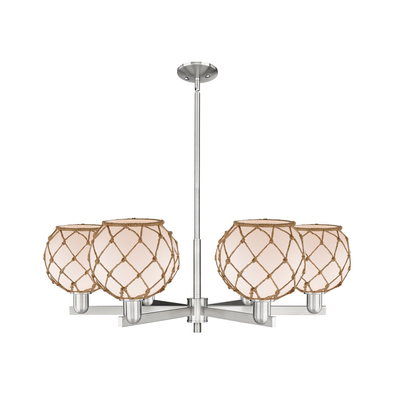 Innovations Farmhouse Rope 38in 6-Light Chandelier | Industrial Satin Nickel Steel and White Frosted Glass with Brown Rope | Model 716-6CR-SN-G121-8RB