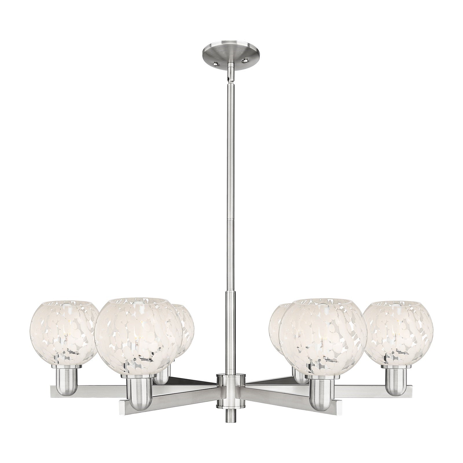 Innovations Lighting White Mouchette 36in 6-Light Chandelier | Industrial Satin Nickel and White Mouchette Glass | Dining | Model 716-6CR-SN-G1216-6WM