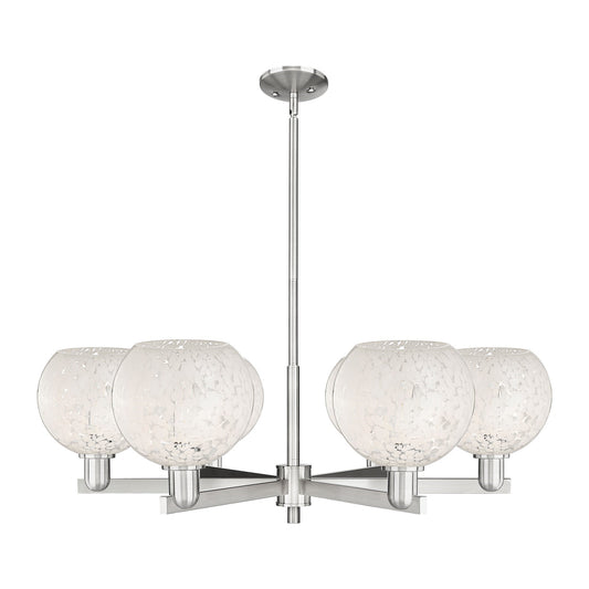 Innovations Lighting White Mouchette 38in 6-Light Chandelier | Industrial Satin Nickel Steel and White Glass | Kitchen Island | Model 716-6CR-SN-G1216-8WM