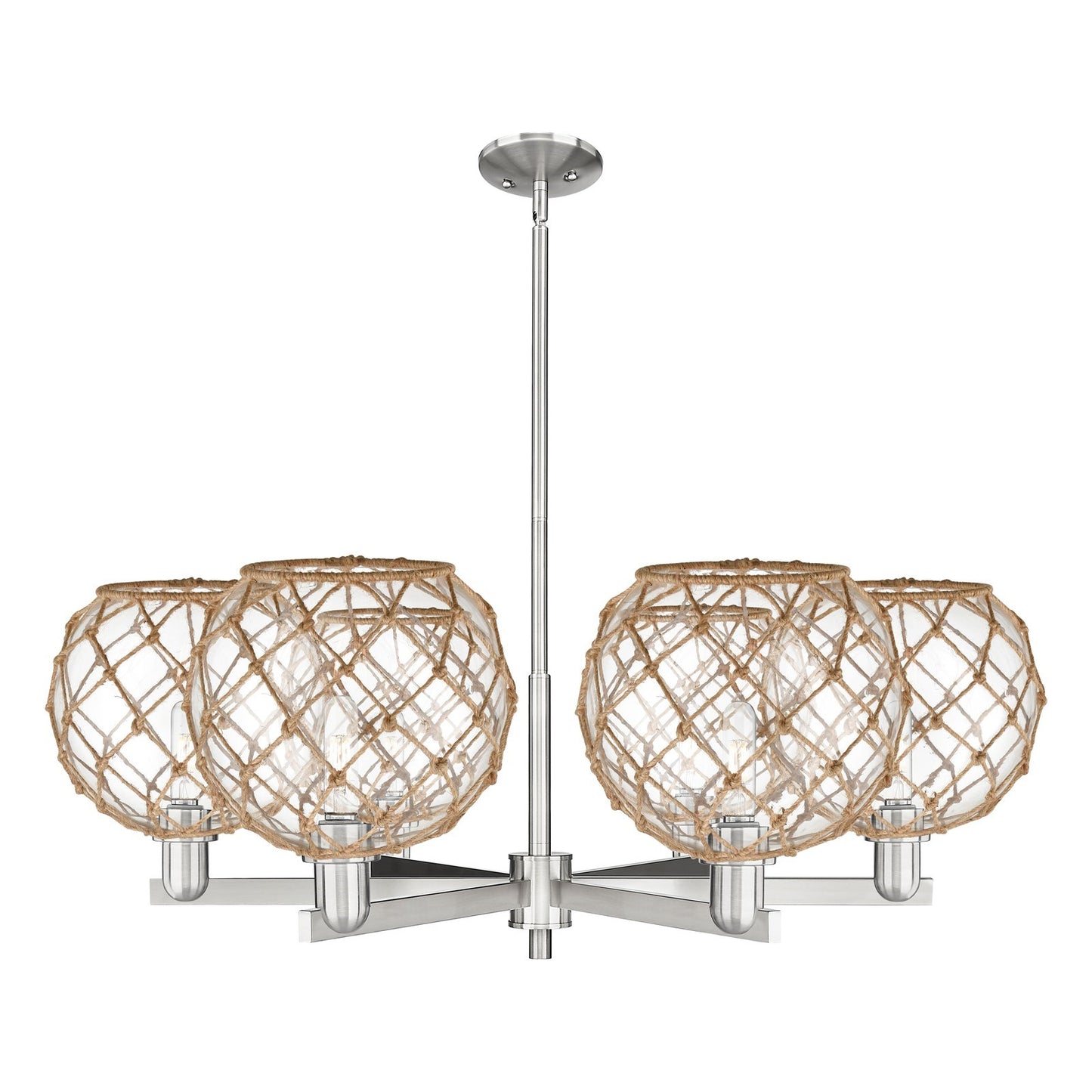 Innovations Farmhouse Rope 40in 6-Light Chandelier | Industrial Satin Nickel Steel and Clear Glass with Brown Rope | Dining | Model 716-6CR-SN-G122-10RB