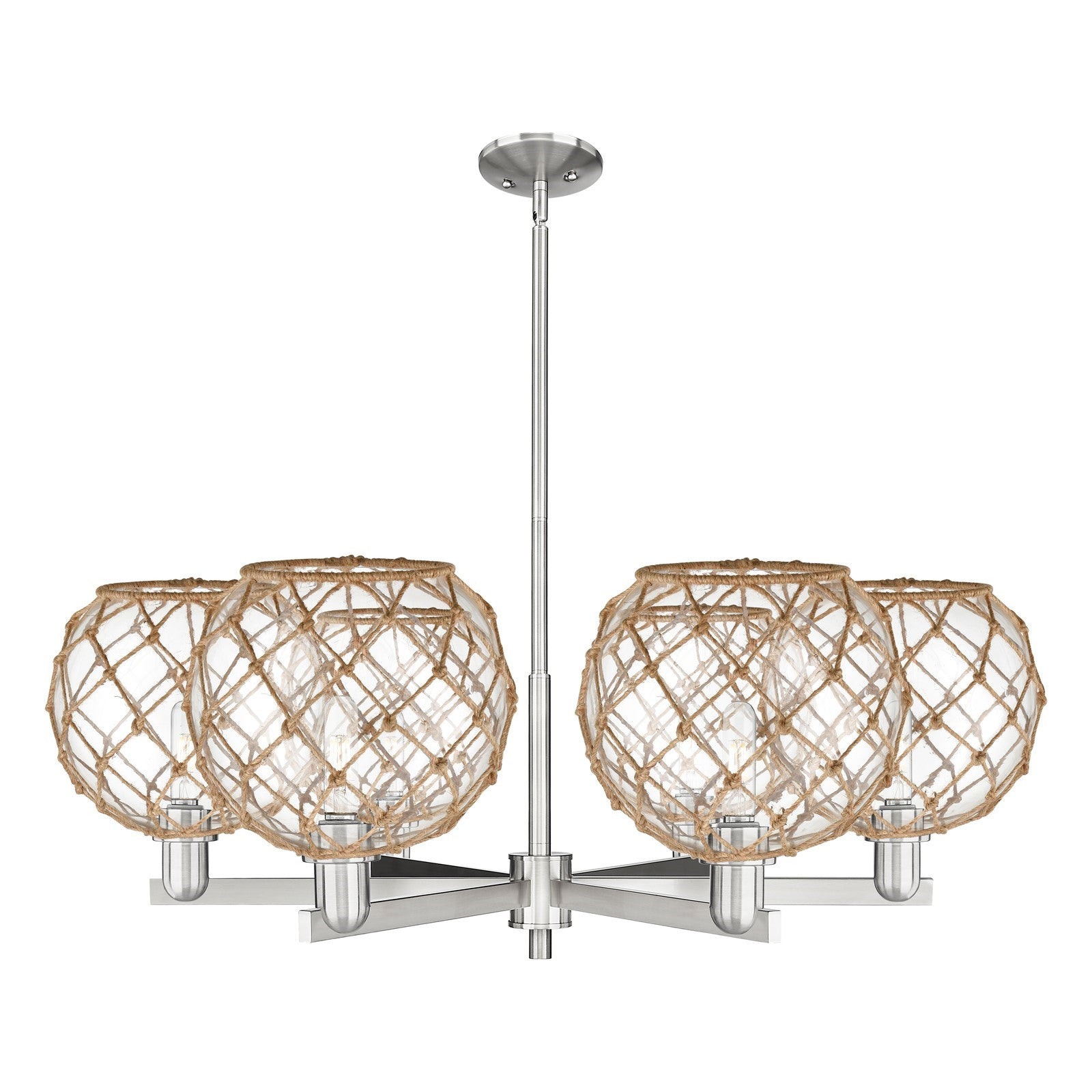 Innovations Farmhouse Rope 40in 6-Light Chandelier | Industrial Satin Nickel Steel and Clear Glass with Brown Rope | Dining | Model 716-6CR-SN-G122-10RB
