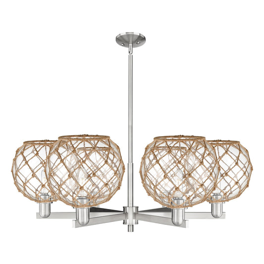 Innovations Farmhouse Rope 40in 6-Light Chandelier | Industrial Satin Nickel Steel and Clear Glass with Brown Rope | Dining | Model 716-6CR-SN-G122-10RB