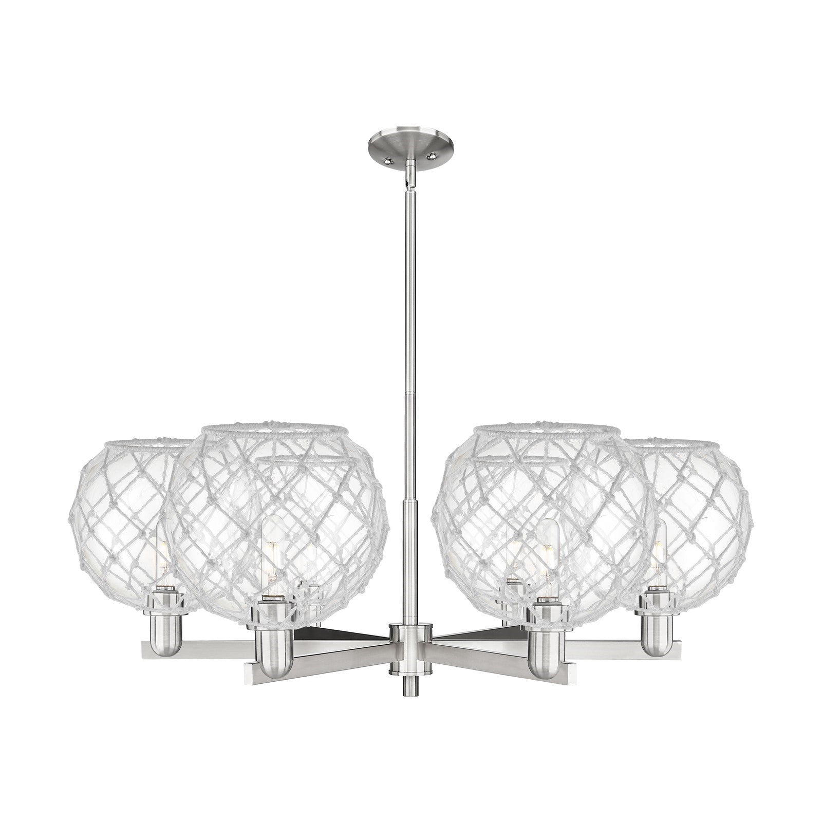 Innovations Farmhouse Rope 40in 6-Light Chandelier | Industrial Satin Nickel Steel and Clear Glass with White Rope | Dining | Model 716-6CR-SN-G122-10RW