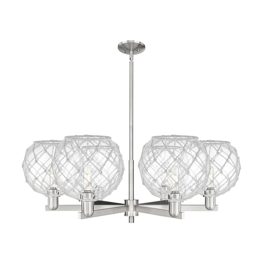Innovations Farmhouse Rope 40in 6-Light Chandelier | Industrial Satin Nickel Steel and Clear Glass with White Rope | Dining | Model 716-6CR-SN-G122-10RW