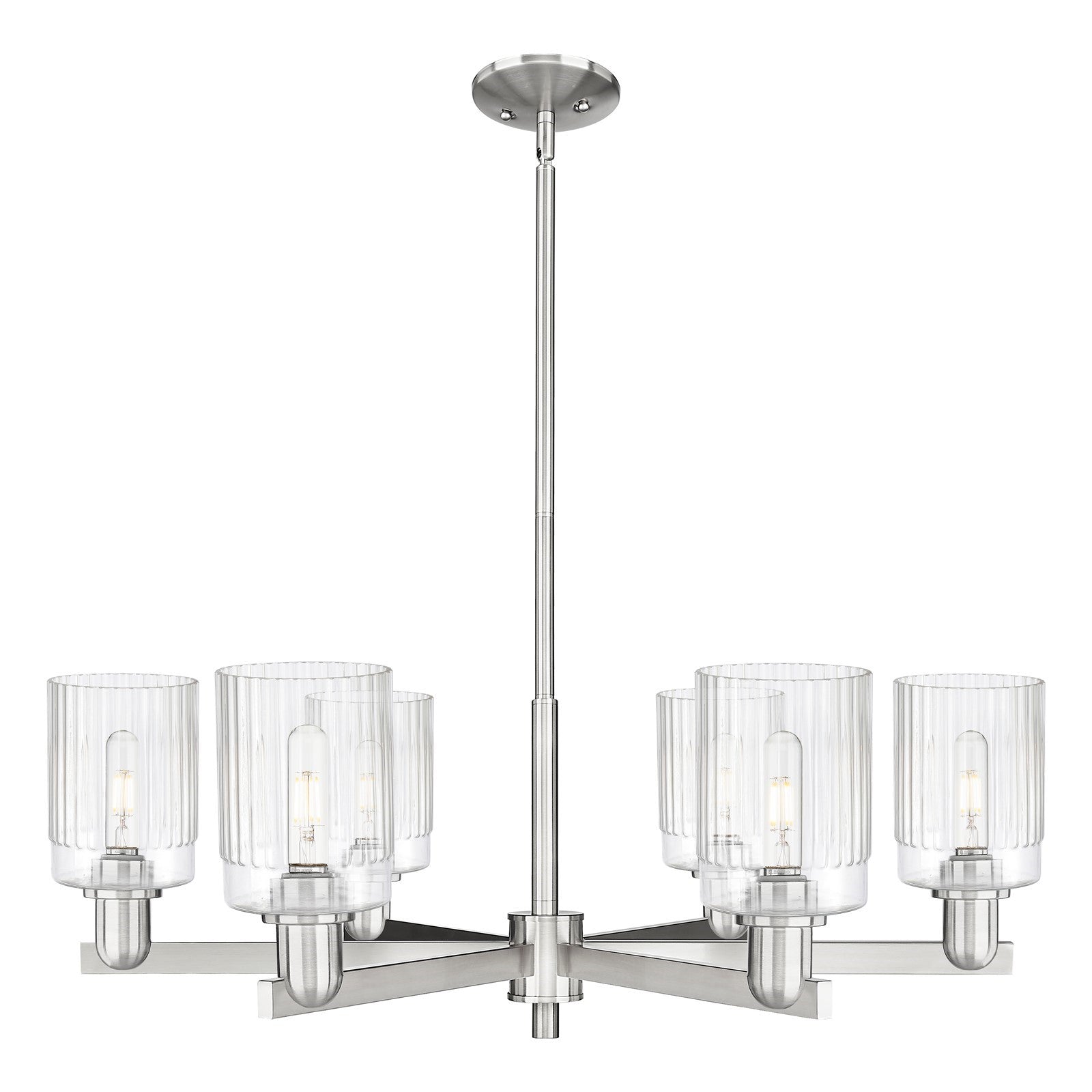 Innovations Hadley 34in 6-Light Chandelier | Industrial Satin Nickel and Clear Ribbed Glass | Dining Room & Living Room | Model 716-6CR-SN-G342