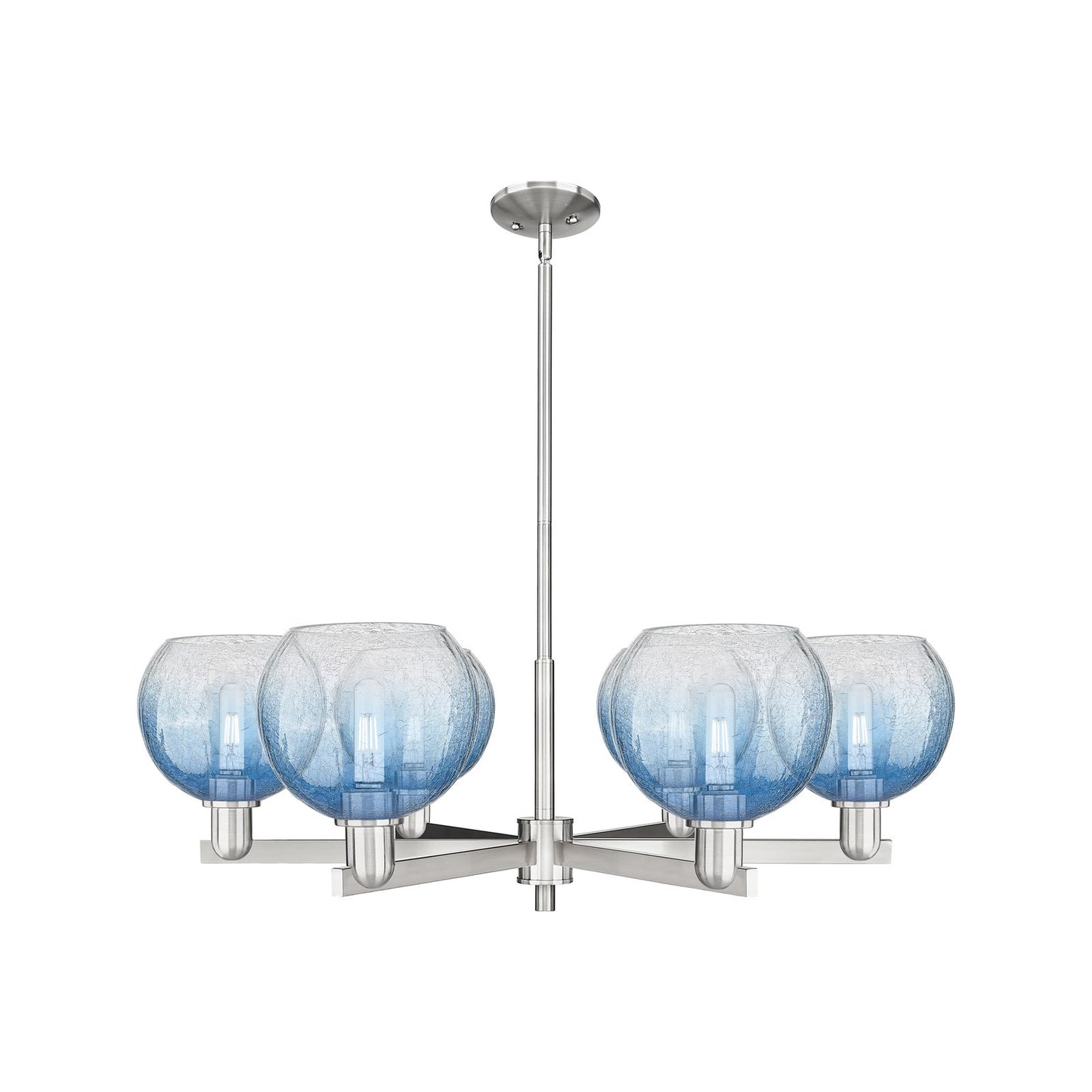 Innovations Brookhaven Globe 38in 6-Light Chandelier | Industrial Satin Nickel and Sapphire Blue Glass | Damp-Rated Dining | Model 716-6CR-SN-G483-8SB