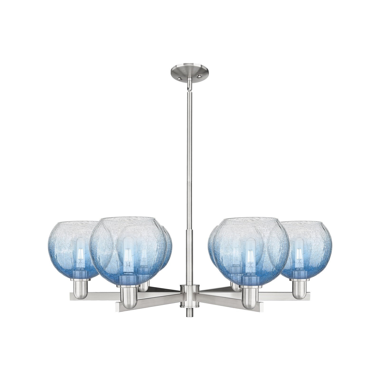 Innovations Brookhaven Globe 38in 6-Light Chandelier | Industrial Satin Nickel and Sapphire Blue Glass | Damp-Rated Dining | Model 716-6CR-SN-G483-8SB