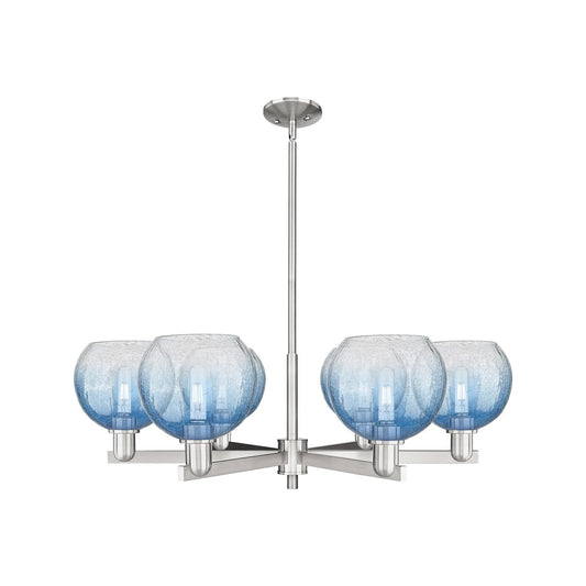 Innovations Brookhaven Globe 38in 6-Light Chandelier | Industrial Satin Nickel and Sapphire Blue Glass | Damp-Rated Dining | Model 716-6CR-SN-G483-8SB