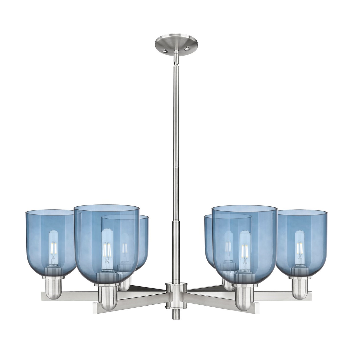 Innovations Bella 35in 6-Light Chandelier | Industrial Satin Nickel and Blue Glass | Dining Room & Living Room | Model 716-6CR-SN-G558-6BL