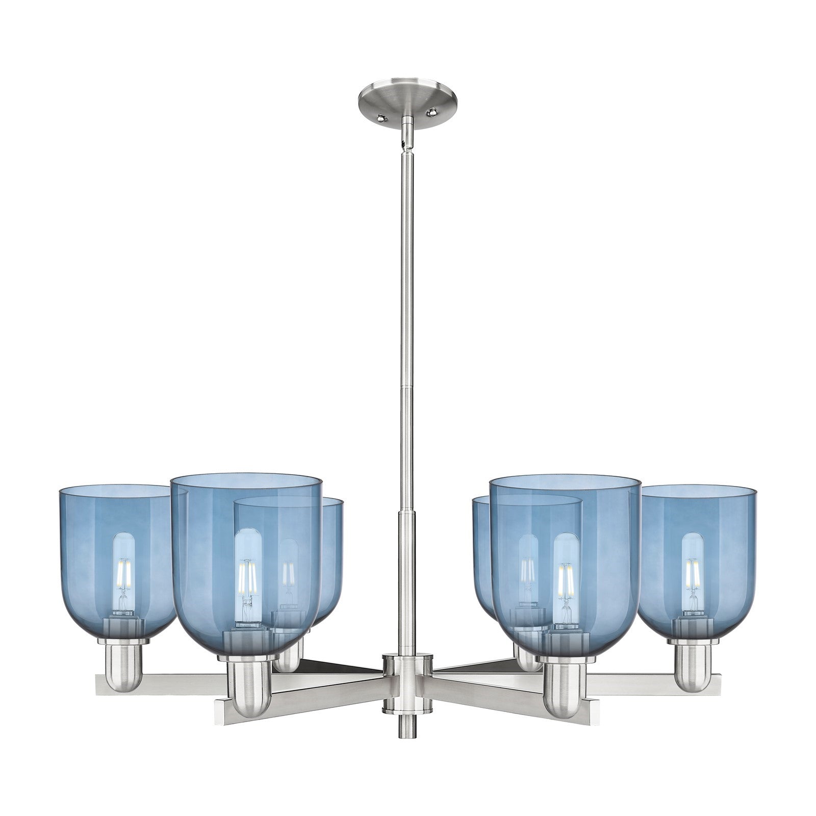 Innovations Bella 35in 6-Light Chandelier | Industrial Satin Nickel and Blue Glass | Dining Room & Living Room | Model 716-6CR-SN-G558-6BL