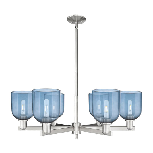 Innovations Bella 35in 6-Light Chandelier | Industrial Satin Nickel and Blue Glass | Dining Room & Living Room | Model 716-6CR-SN-G558-6BL