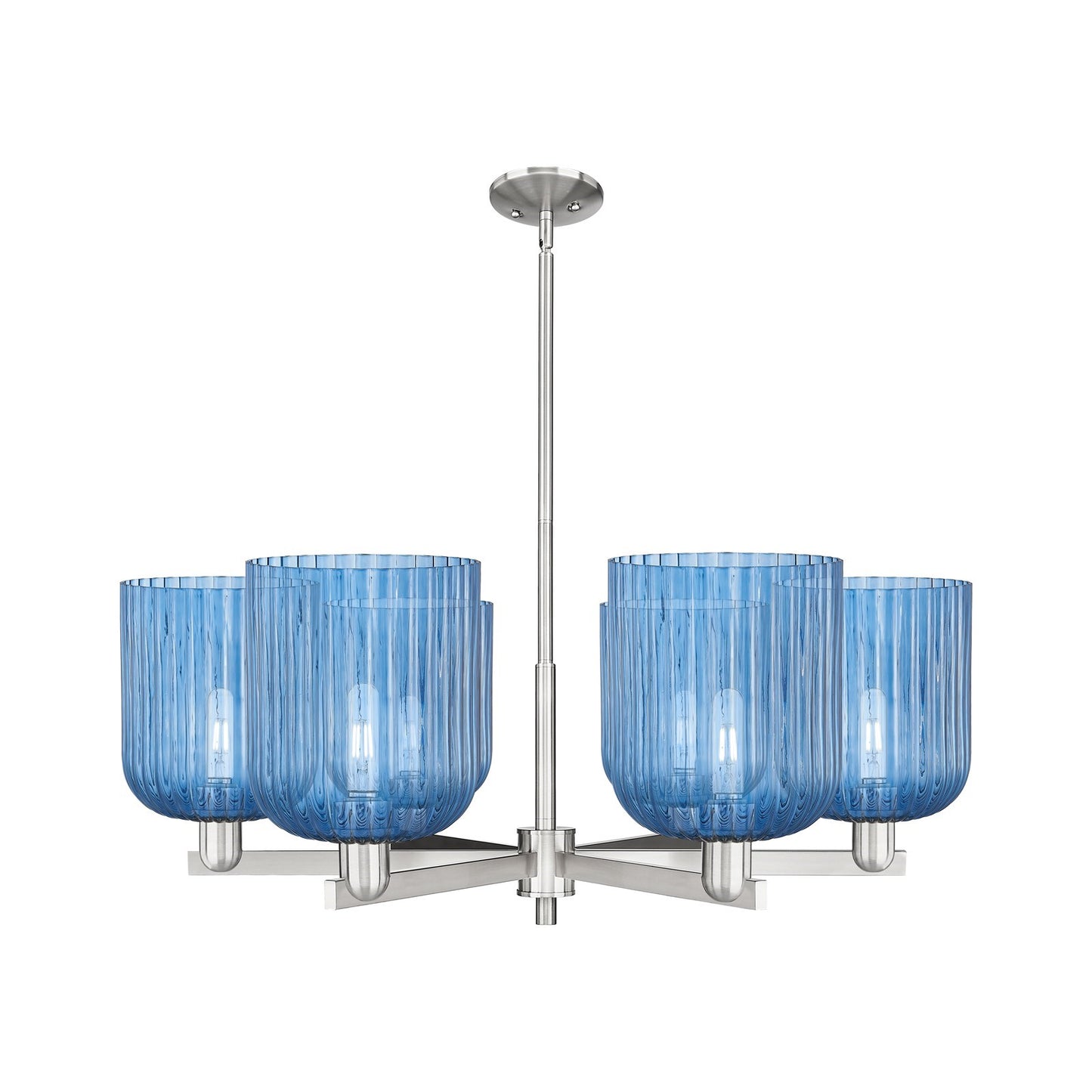 Innovations Bridal Veil 38in 6-Light Chandelier | Industrial Satin Nickel Steel and Princess Blue Ribbed Glass | Dining & | Model 716-6CR-SN-G559-8BL