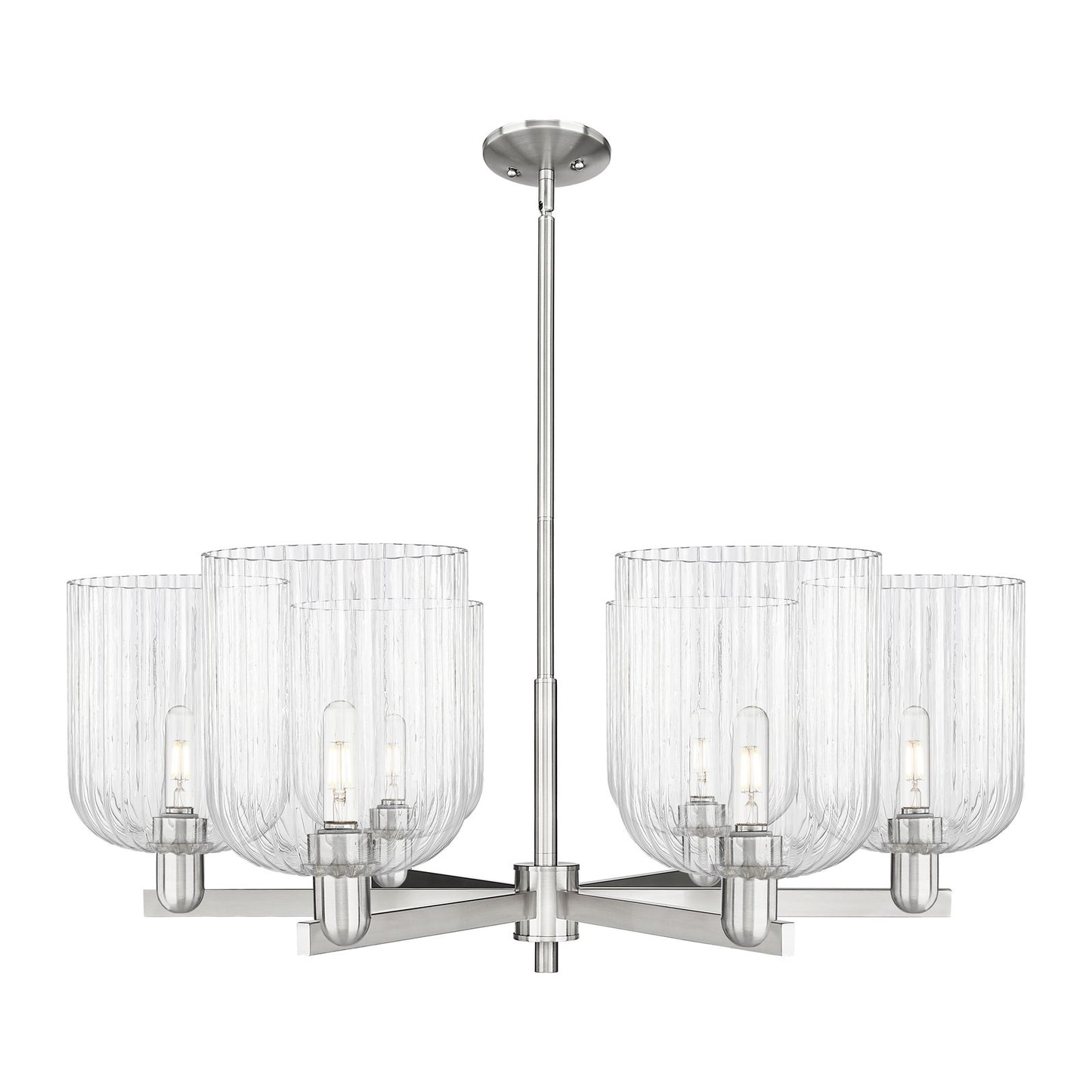 Innovations Bridal Veil 38in 6-Light Chandelier | Industrial Satin Nickel Steel and Clear Ribbed Glass | Dining Room & Living | Model 716-6CR-SN-G559-8CL