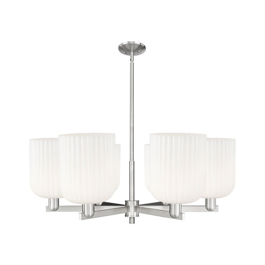 Innovations Bridal Veil 38in 6-Light Chandelier | Industrial Satin Nickel and Gloss White Ribbed Glass | Kitchen Island & | Model 716-6CR-SN-G559-8GWH