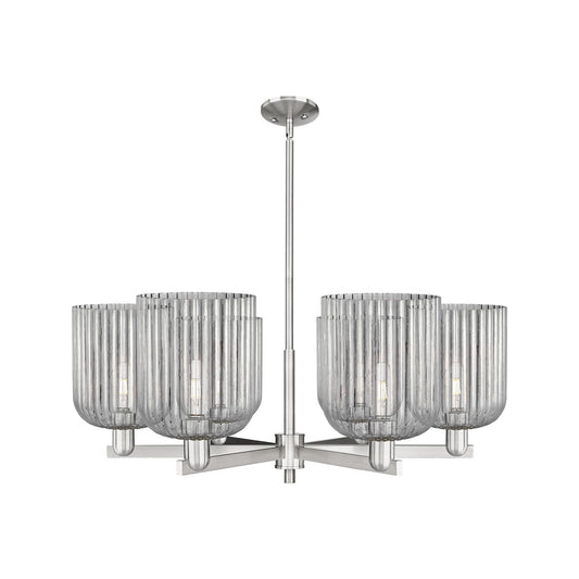 Innovations Bridal Veil 38in 6-Light Chandelier | Industrial Satin Nickel and Light Smoke Ribbed Glass | Dining Room & Living | Model 716-6CR-SN-G559-8SM