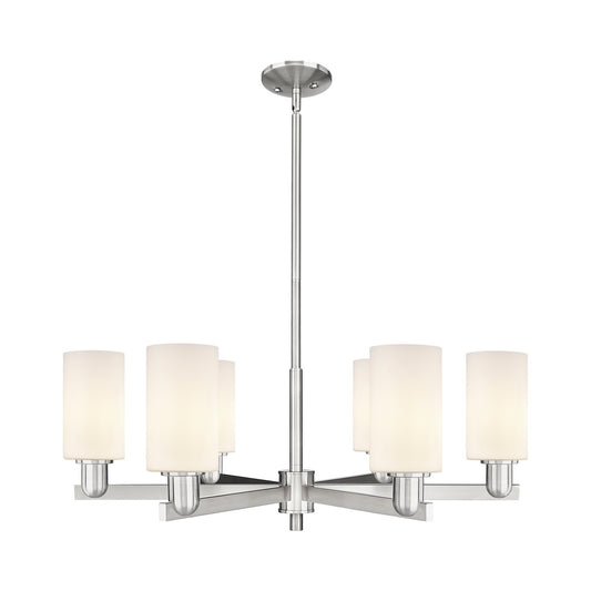 Innovations Clymer 34in 6-Light Chandelier | Industrial Satin Nickel and Matte White Glass | Dining Room & Living Room | Model 716-6CR-SN-G801