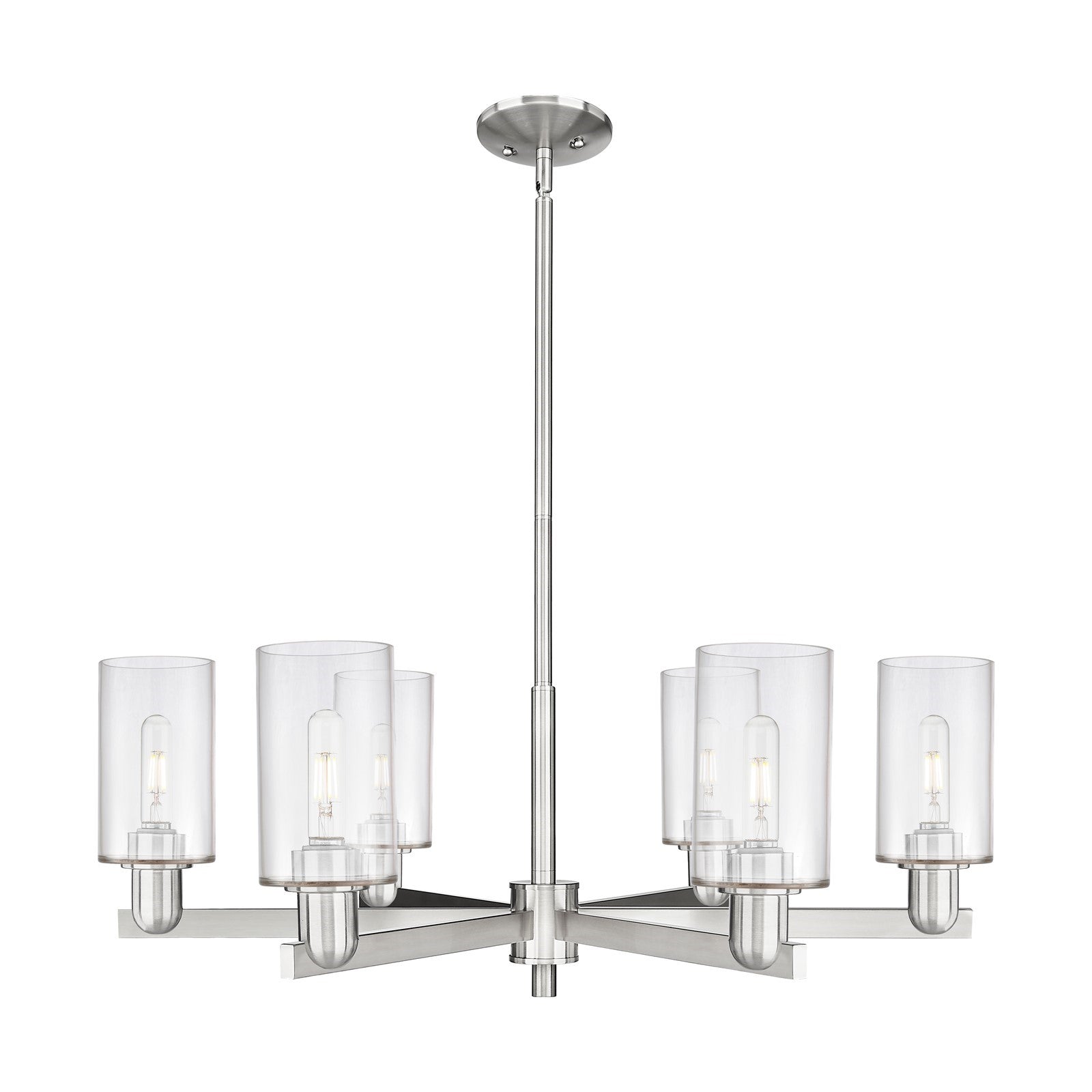 Innovations Clymer 34in 6-Light Chandelier | Industrial Satin Nickel and Clear Glass | Dining Room & Living Room | Model 716-6CR-SN-G802