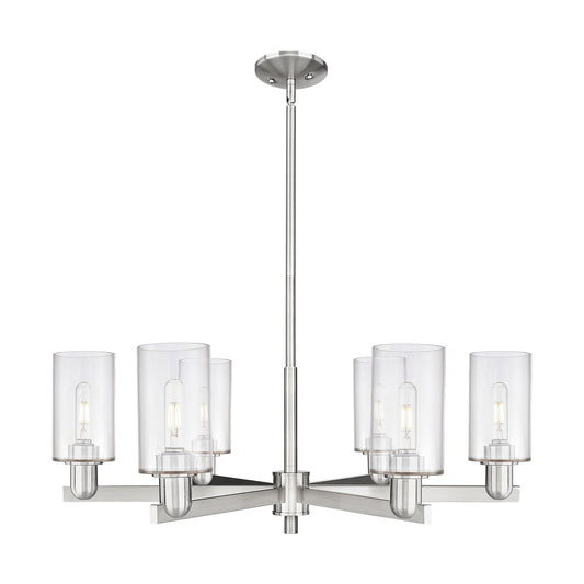 Innovations Clymer 34in 6-Light Chandelier | Industrial Satin Nickel and Clear Glass | Dining Room & Living Room | Model 716-6CR-SN-G802
