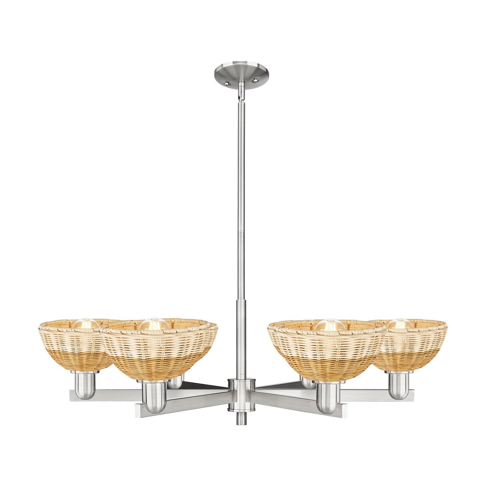 Innovations Natural Ballston Dome 37in 6-Light Chandelier | Farmhouse Satin Nickel Steel and Natural Fiber Basketweave | Model 716-6CR-SN-NBD2-75-NAT