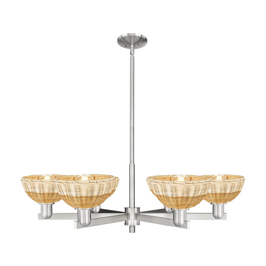 Innovations Natural Ballston Dome 37in 6-Light Chandelier | Farmhouse Satin Nickel Steel and Natural Fiber Basketweave | Model 716-6CR-SN-NBD2-75-NAT