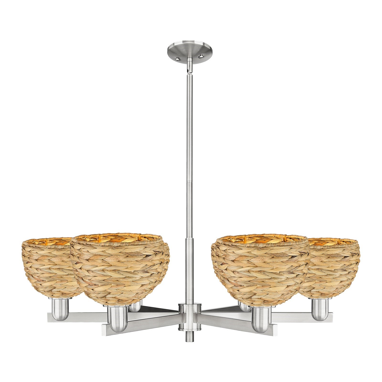 Innovations Woven Rattan 38in 6-Light Chandelier | Industrial Satin Nickel and Natural Fiber | Dining Room & Living Room | Model 716-6CR-SN-RBD-8-NAT