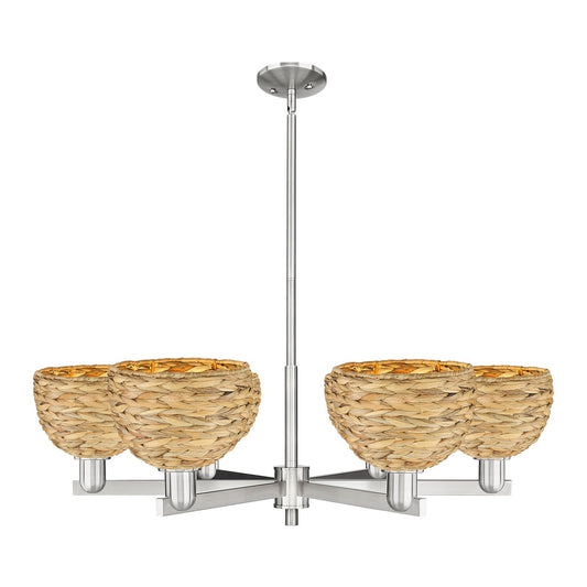 Innovations Woven Rattan 38in 6-Light Chandelier | Industrial Satin Nickel and Natural Fiber | Dining Room & Living Room | Model 716-6CR-SN-RBD-8-NAT