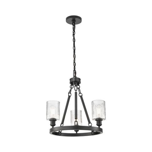 Innovations Hadley 23in 3-Light Mini Chandelier | Industrial Matte Black Steel and Clear Ribbed Glass | Kitchen Island & Dining Room | Model 820-BK-G342