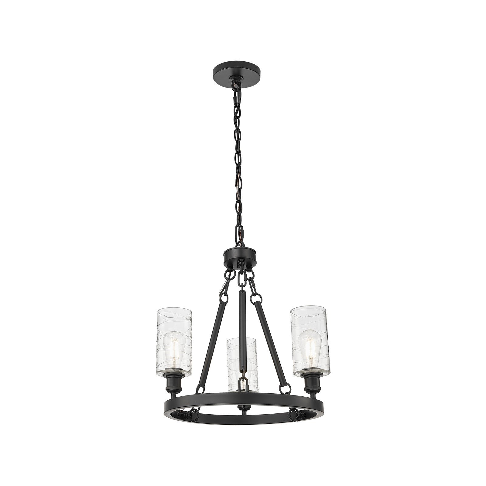 Innovations Crown Point 22in 3-Light Mini Chandelier | Industrial Matte Black Steel and Deco Swirl Glass | Dining Room & Kitchen | Model 820-BK-G434-7DE