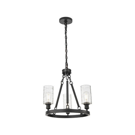 Innovations Crown Point 22in 3-Light Mini Chandelier | Industrial Matte Black Steel and Deco Swirl Glass | Dining Room & Kitchen | Model 820-BK-G434-7DE